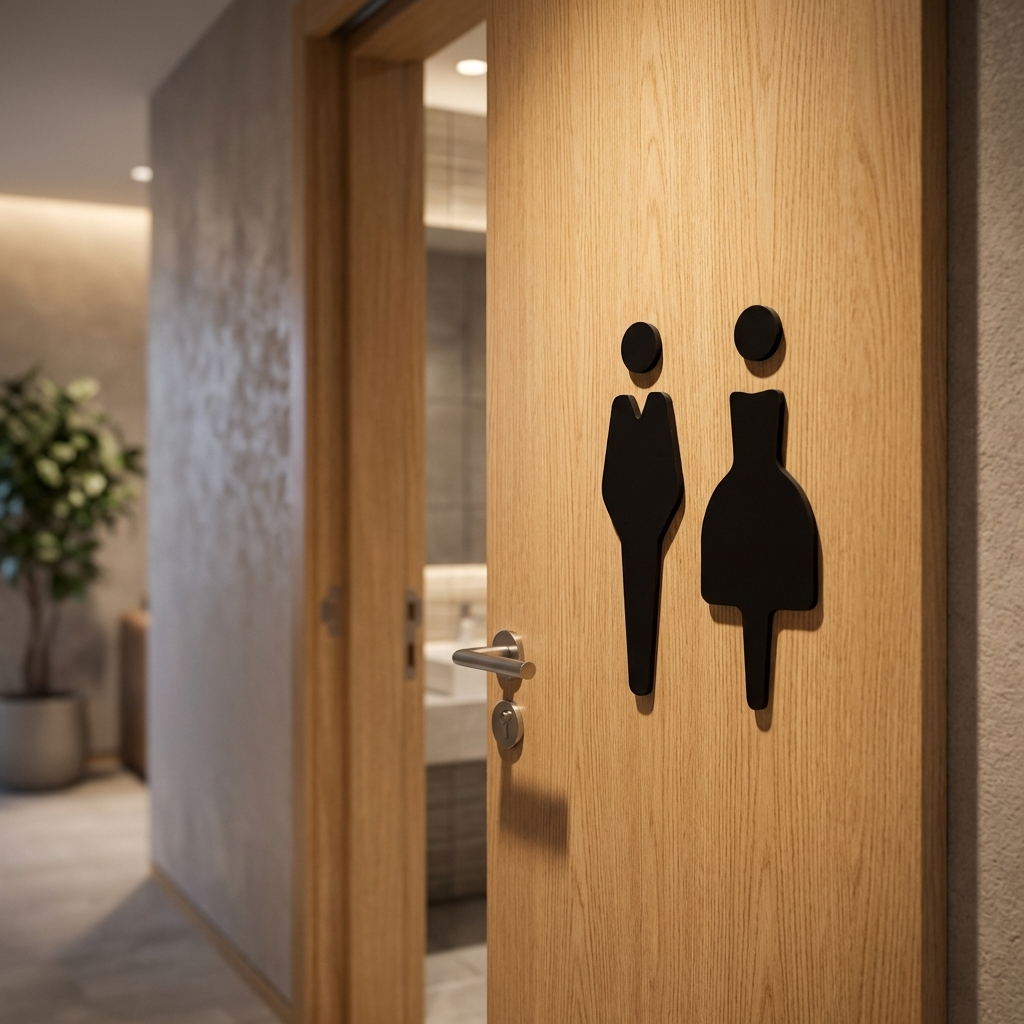 Wooden door with gender symbols in a modern interior setting