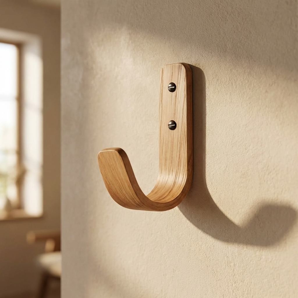 Wooden Oak wall hook on a beige wall with a blurred background