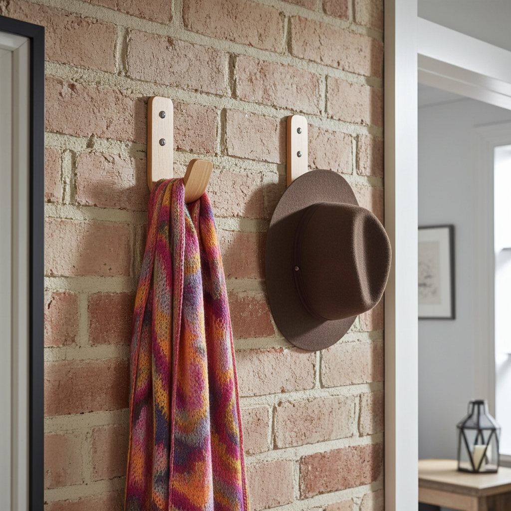 Hanging rack with a colorful scarf and brown hat on a brick wall.