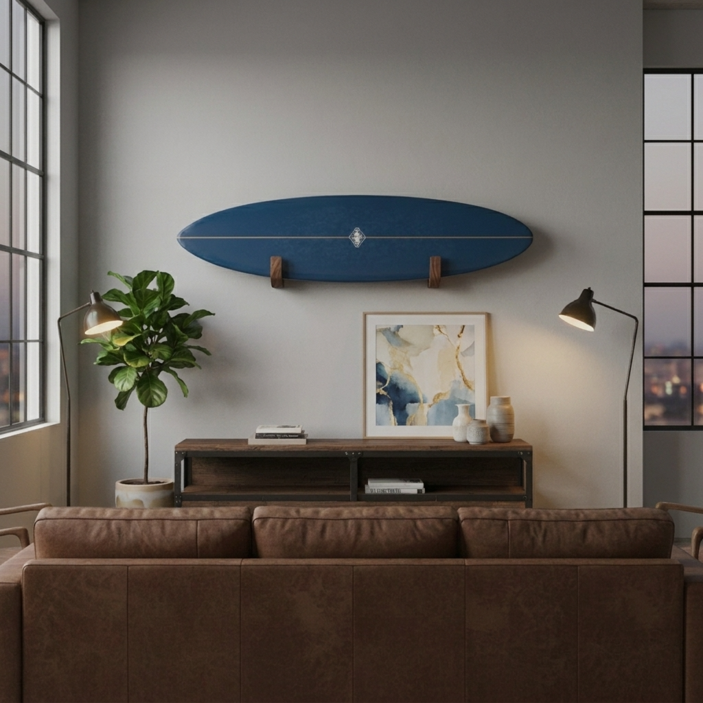 surfboard wall display in modern interior setting