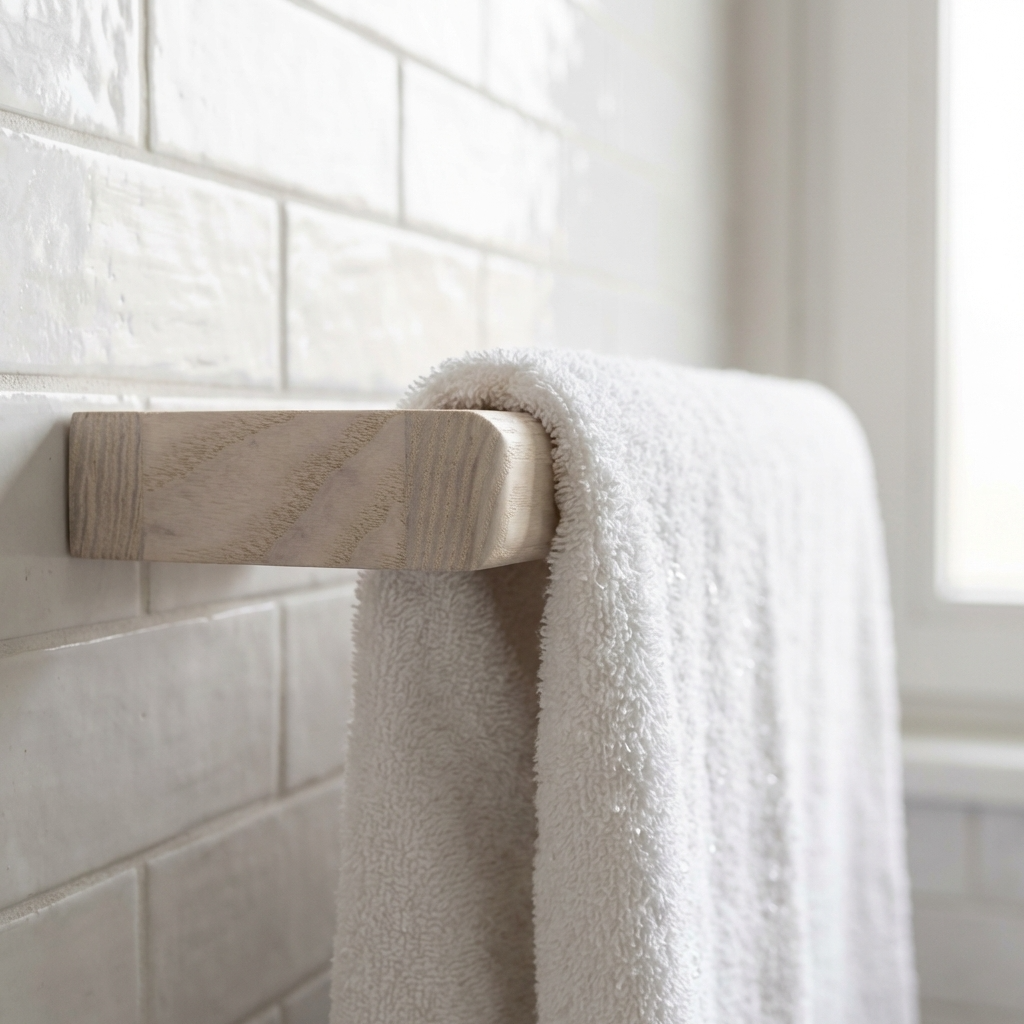 White towel hanging on a wooden towel rack against a tiled bathroom wall.