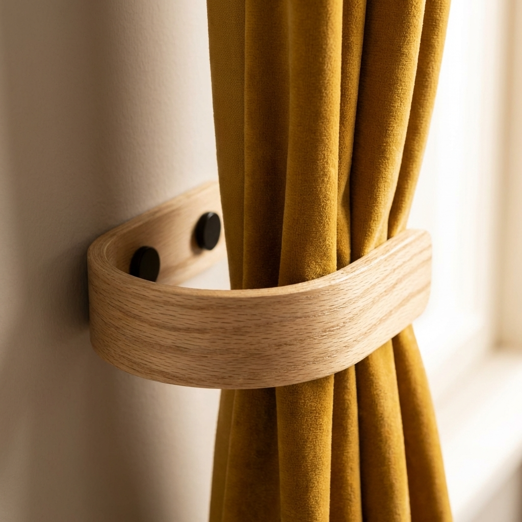 Mustard yellow curtain with a wooden curtain holder against a neutral wall.