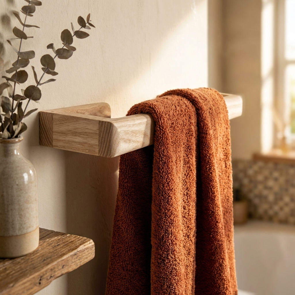 Brown towel draped over a wooden towel rail with a vase and plant in a bathroom setting