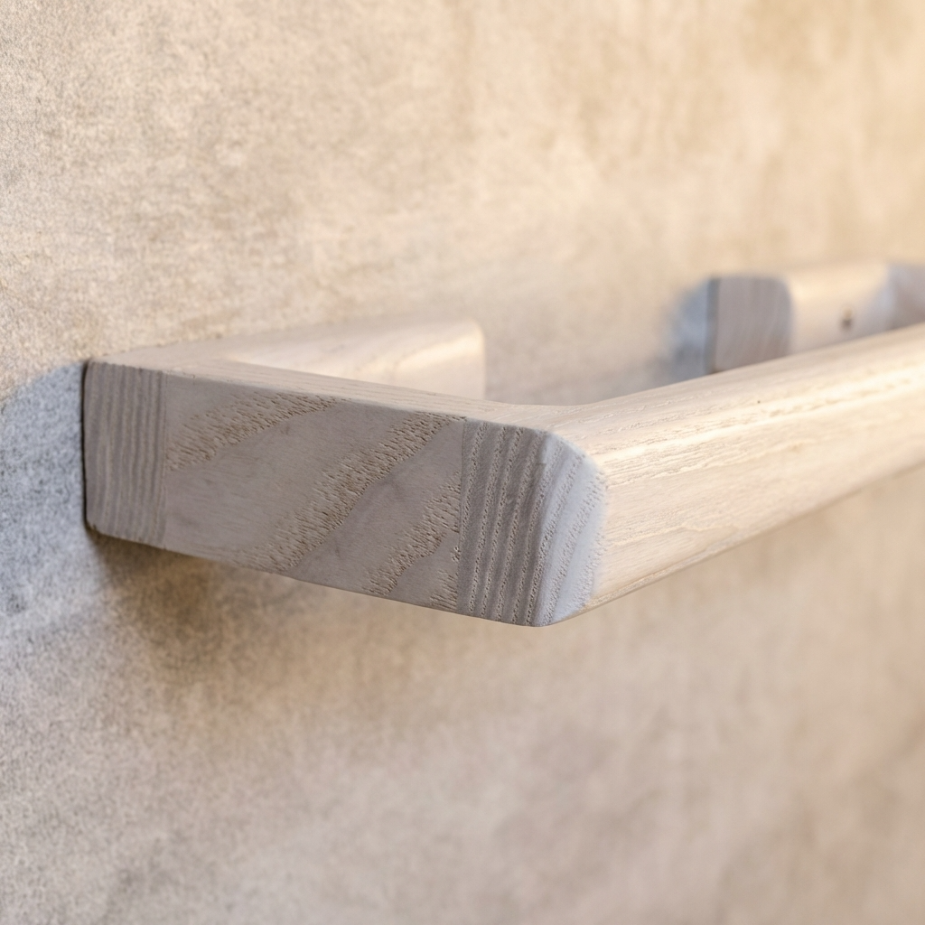 Close-up of a wooden towel rack on a piece of furniture with a neutral background