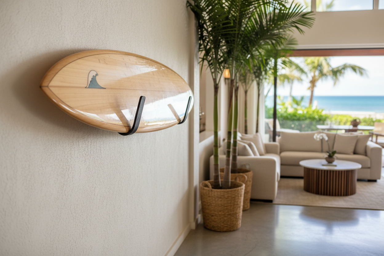 Luxury Hospitality Space with a surfboard being hanged on the wall with black surfboard mount