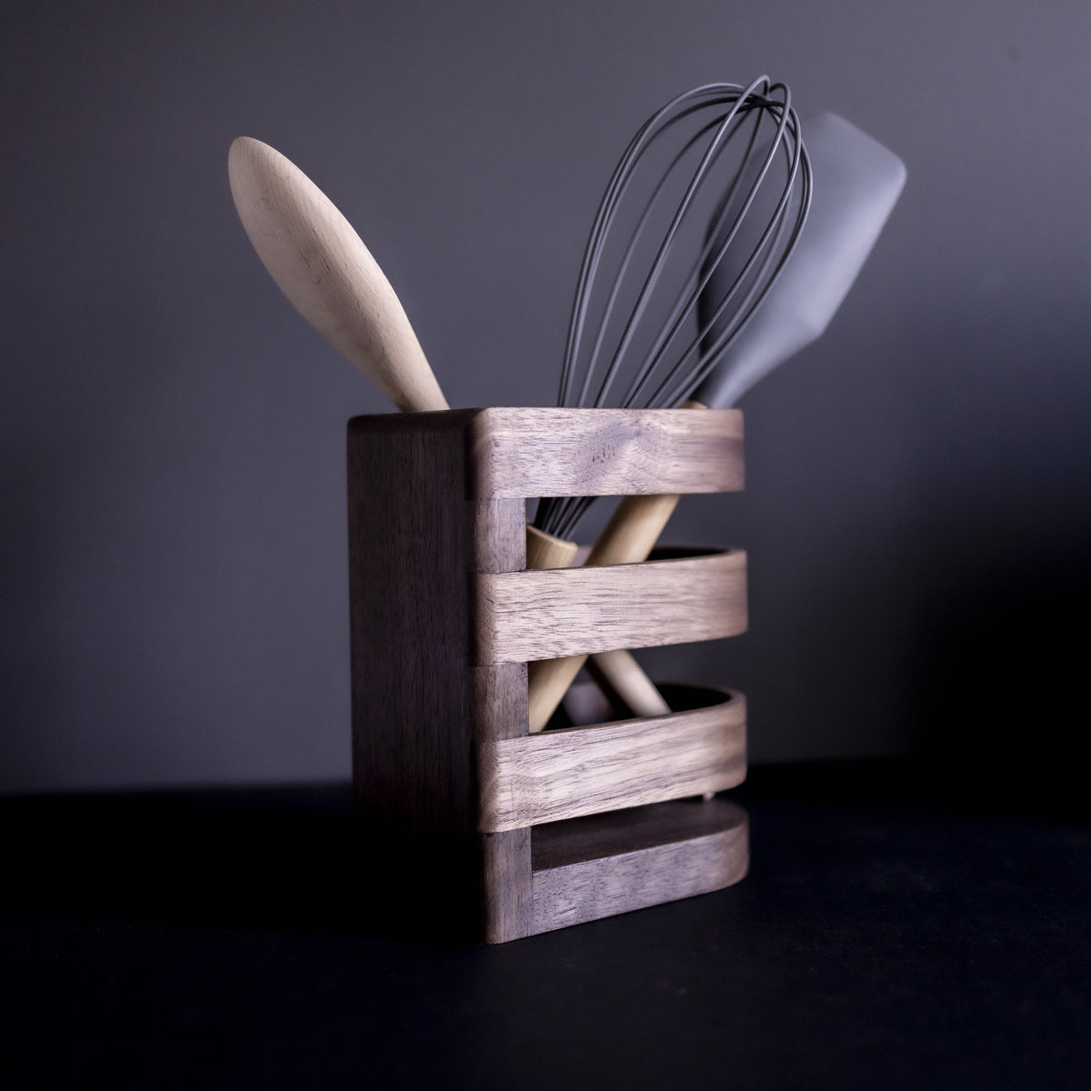 Walnut kitchen utensil holder - handcrafted wooden utensil pot made in UK