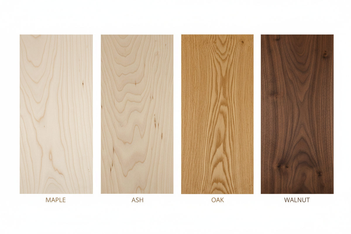 Comparison of hardwood color variations showing oak, walnut, ash, and maple natural wood tones