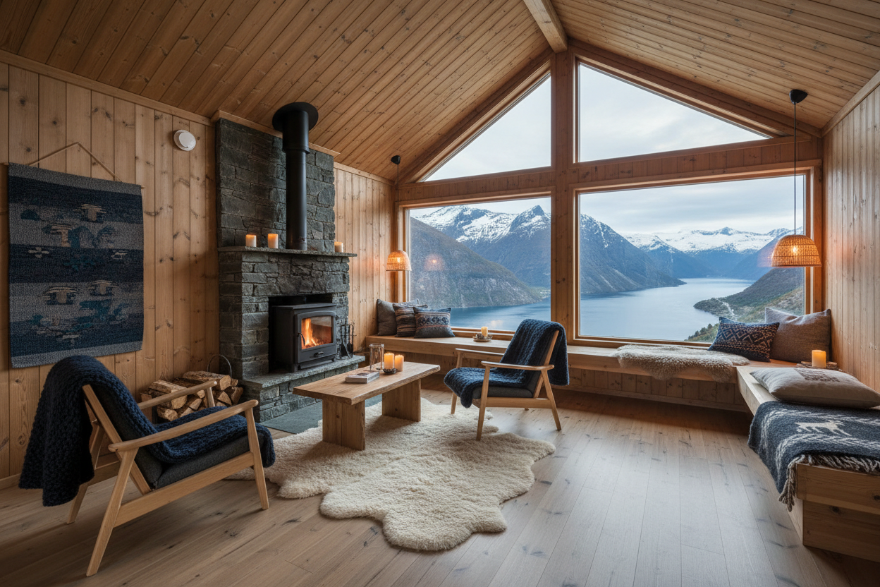 Norwegian hytte mountain cabin interior with natural pine wood walls, wool textiles, and fjord views showcasing koselig design