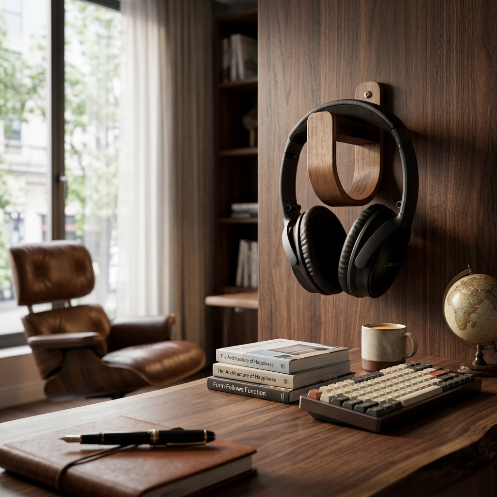Best luxury wooden gifts - image shows a luxury walnut headphone stand in the study
