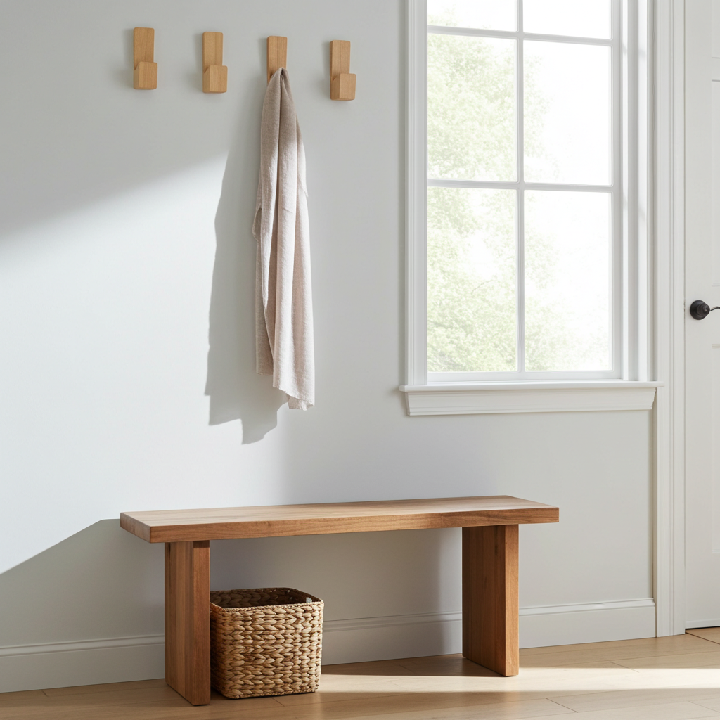 Wooden bench with a basket and robe hooks on a white wall near a window.