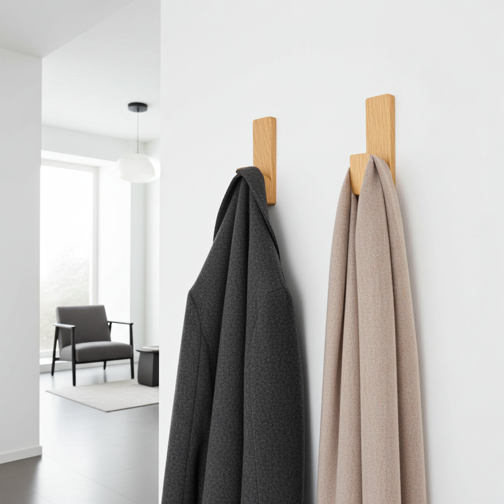Two wooden coat hooks on a white wall with two coats hanging from them, in a minimalistic room.