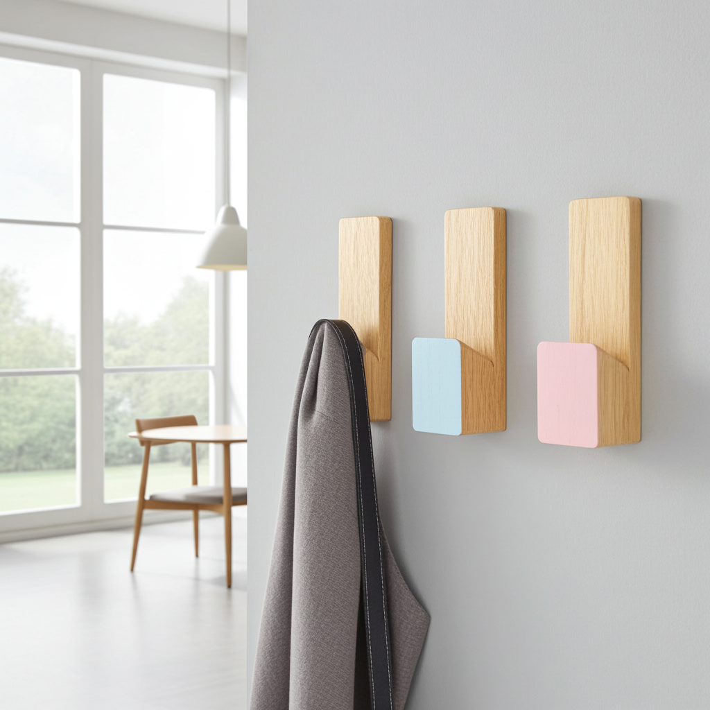 Three adhesive  wooden wall hooks with colorful ends on a gray wall in a modern room.
