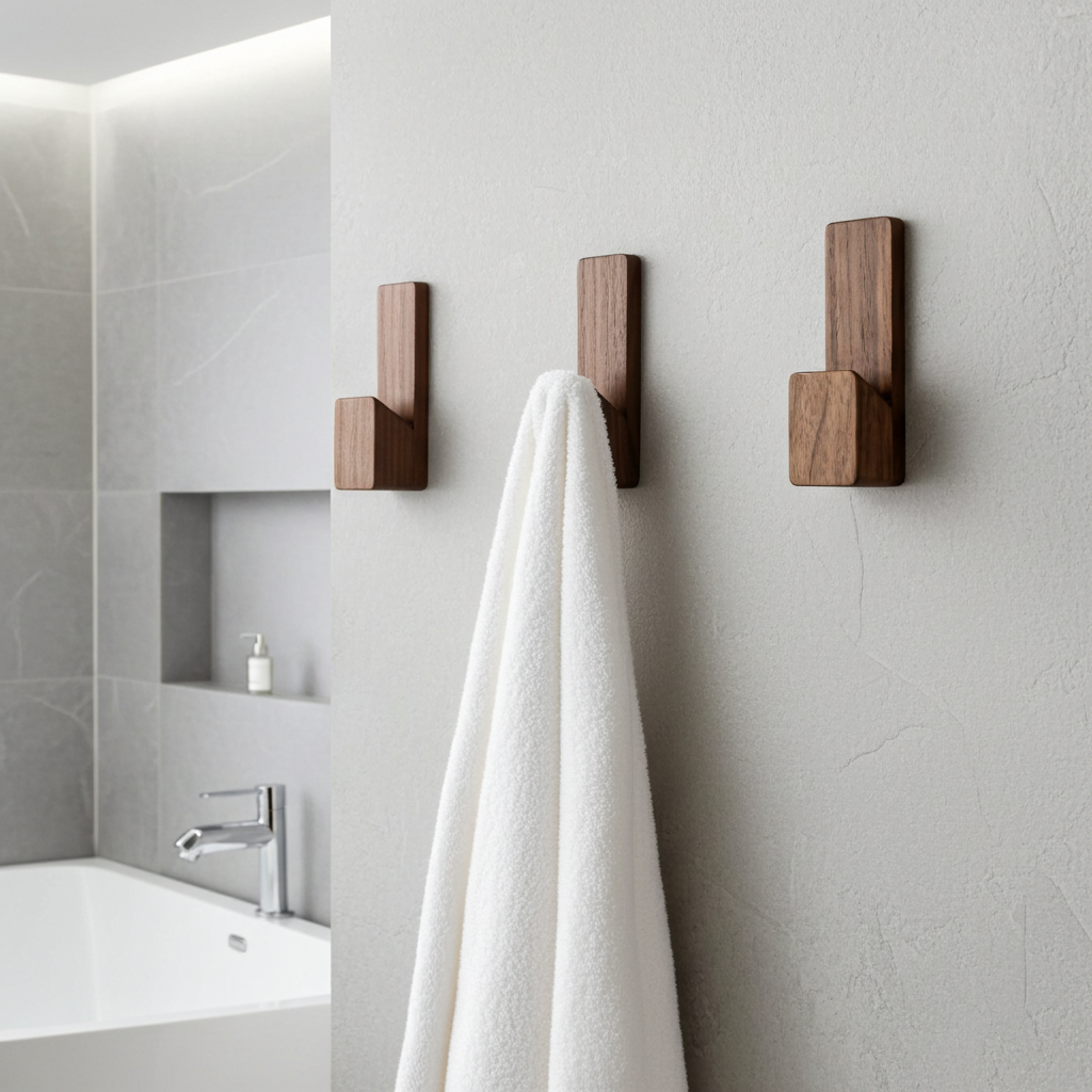 Wooden wall hooks on a bathroom wall with a white towel hanging from one of them.