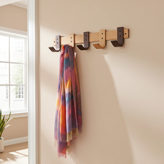 Designer Mixed Oak & Walnut Coat Rack - 5 Hook Wall Mount