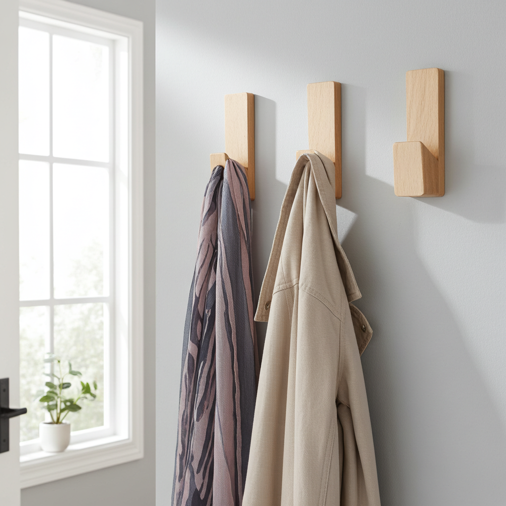 Three wooden coat hooks on a wall with a coat and scarf hanging from them, near a window.