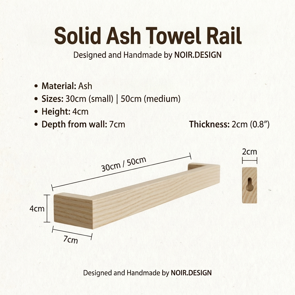 Solid Ash Towel Rail with dimensions and material details on a white background