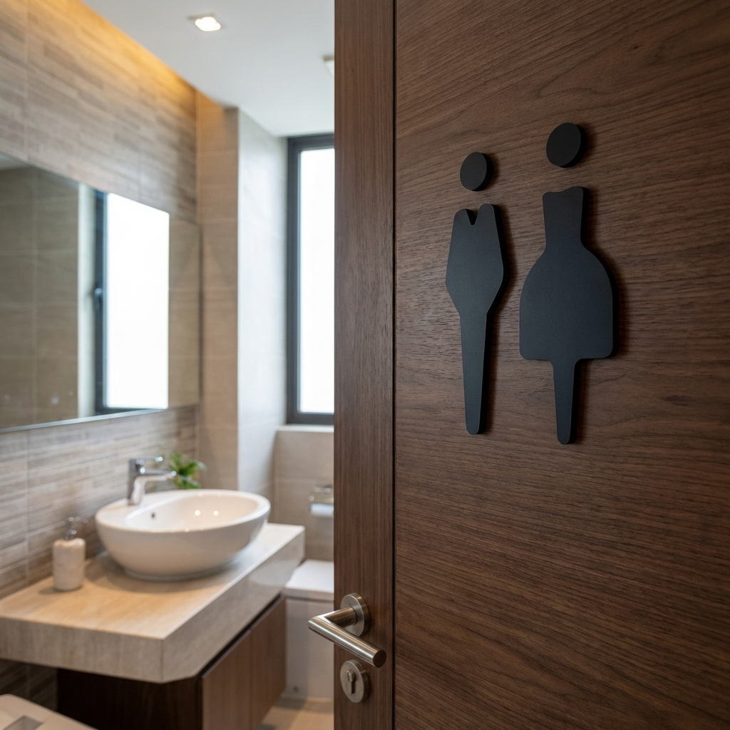 Bathroom with wooden door featuring gender symbols