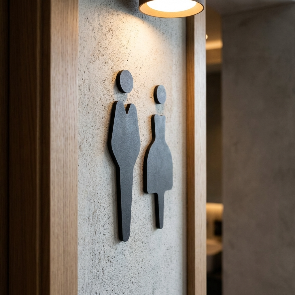 Bathroom door with gender symbols on a textured wall