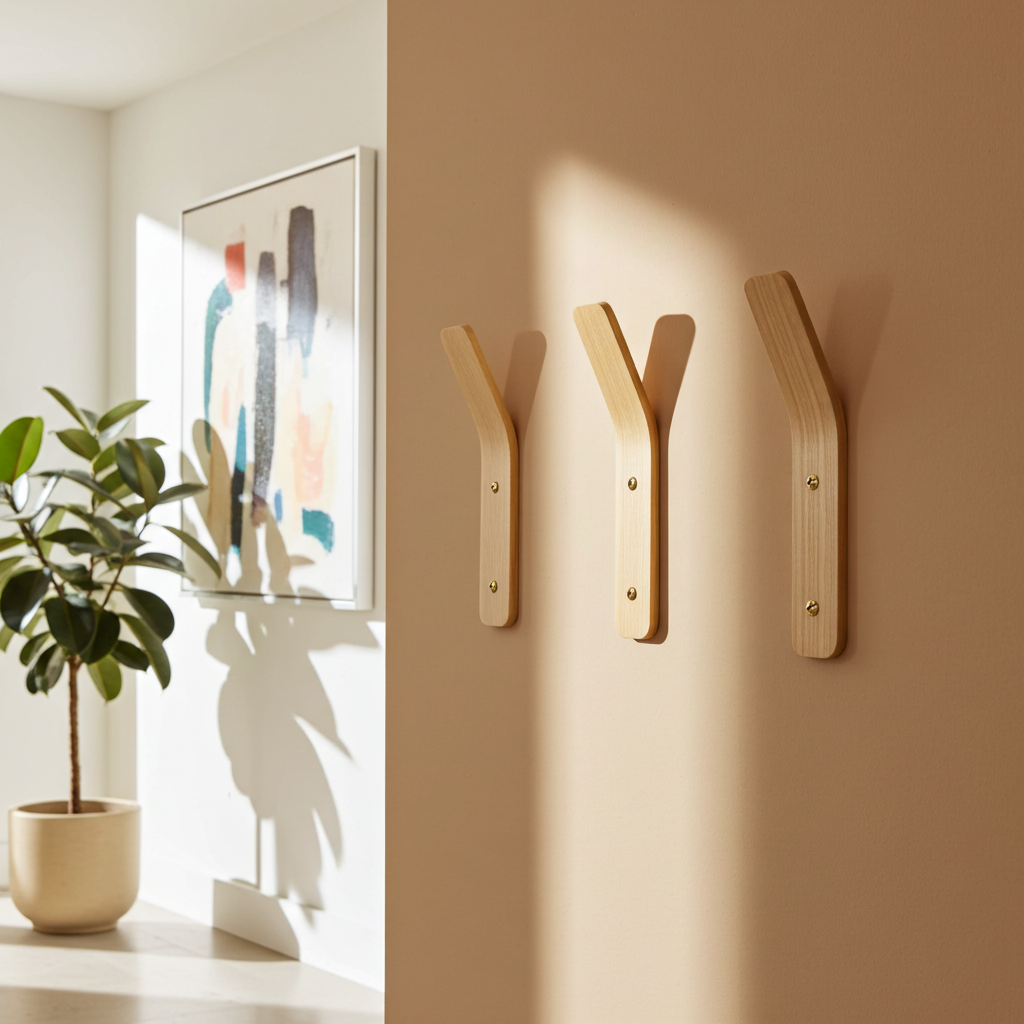Three wooden wall hooks on a beige wall with a plant and abstract art in the background.