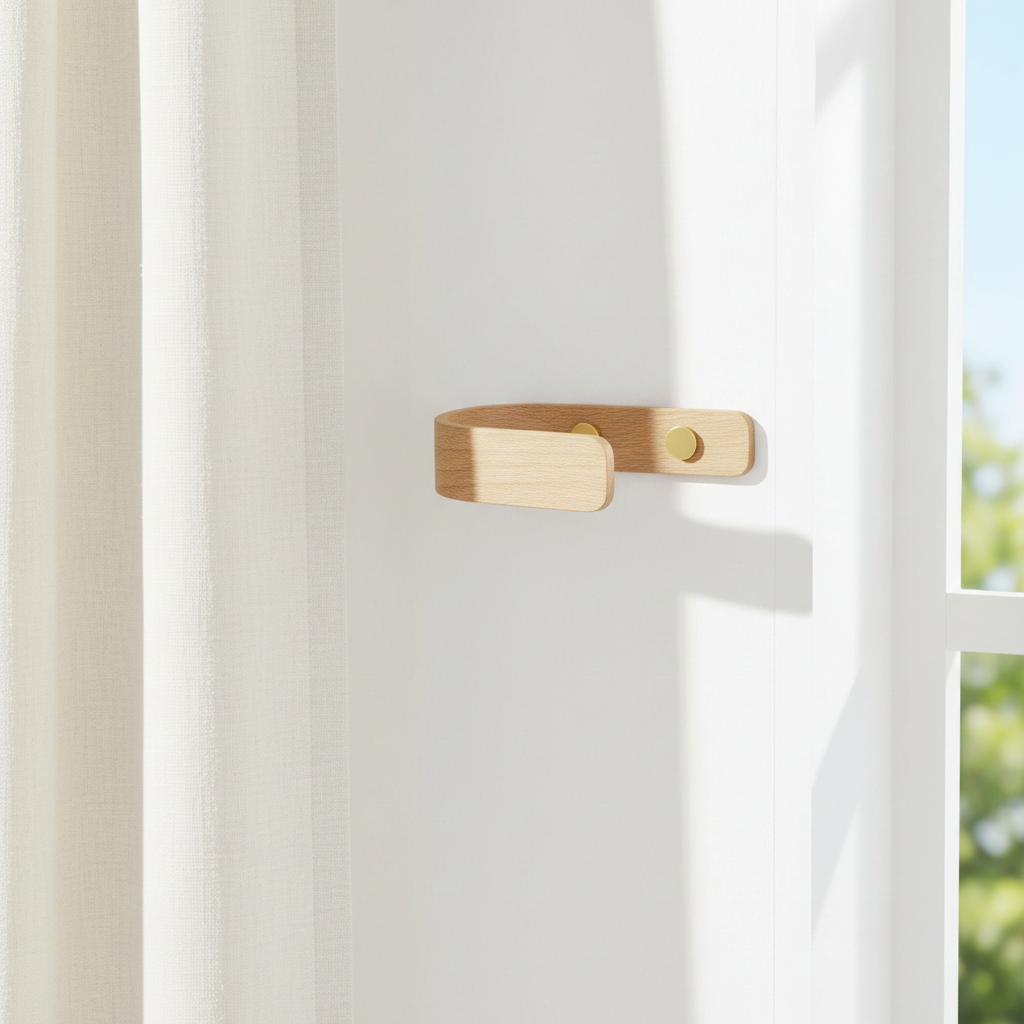 Wooden Curtain holdback made from Oak, on a white wall with a blurred outdoor background