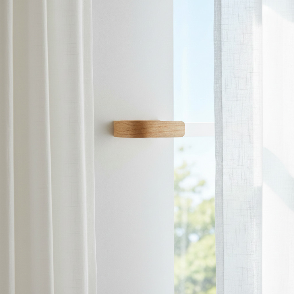 Wooden Holdbacks on a white wall with a blurred outdoor background