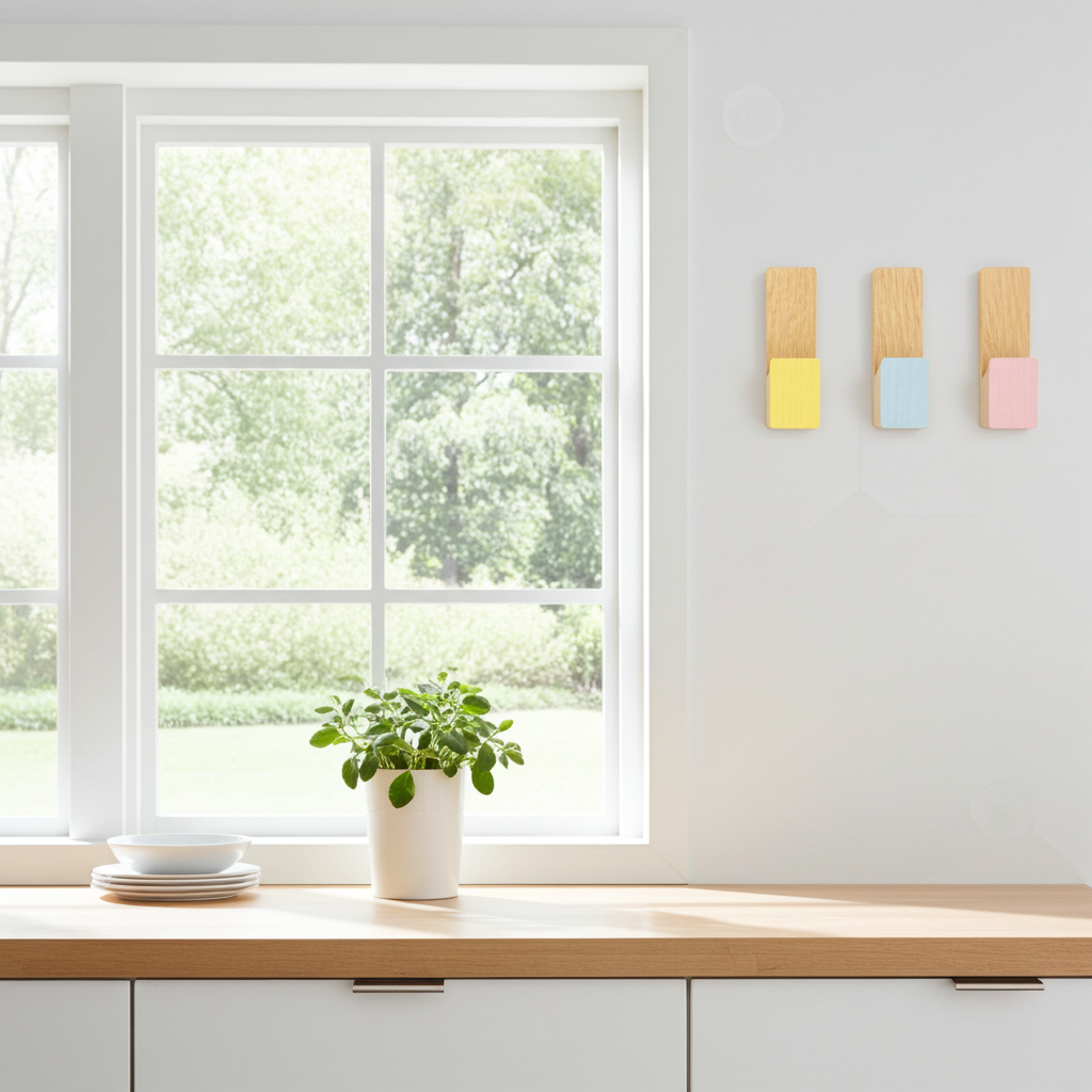 Modern kitchen interior with a window, plant, and colorful wall art.