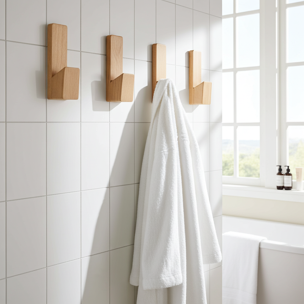 Wooden towel hooks with white towels in a bathroom setting