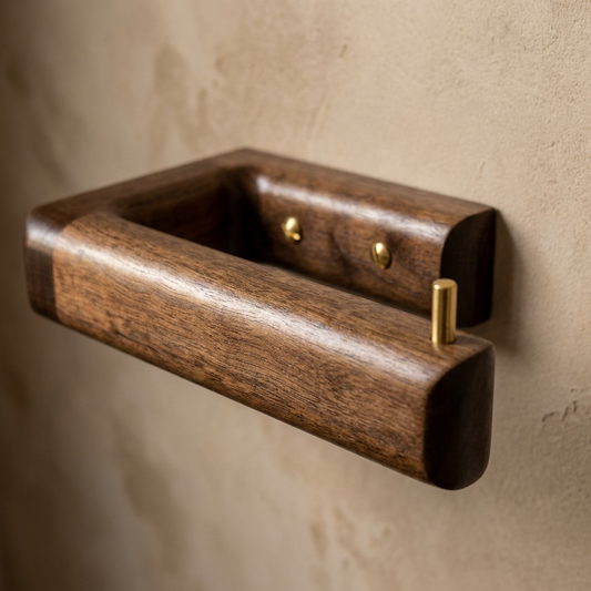 Luxury walnut toilet roll holder fixed to the wall in a bathroom 