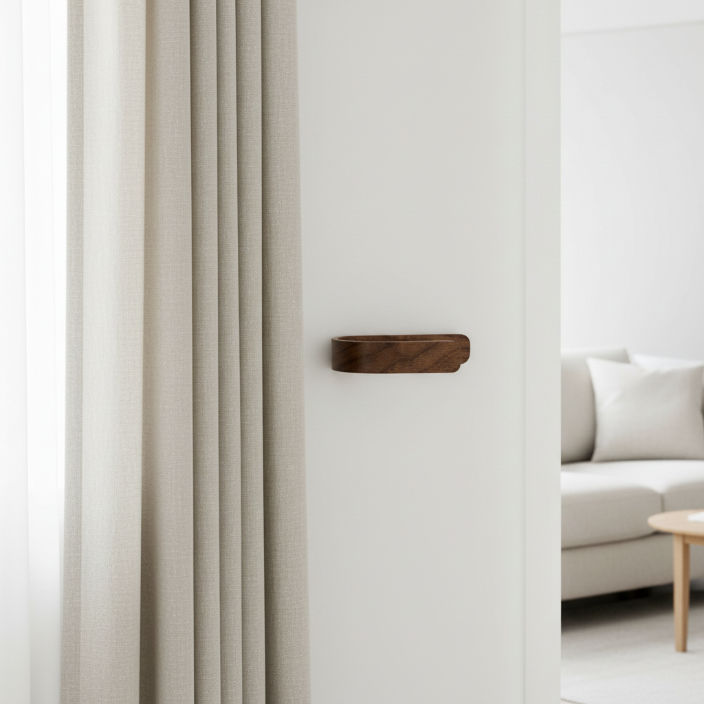 Beige curtains with a walnut curtain tieback in a minimalistic living room.