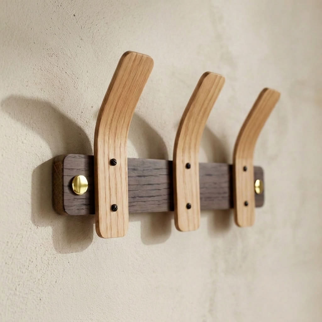 Tordu Oak Coat Rack | Steam-Bent Solid Oak | Brass Fittings | 2–9 Hooks