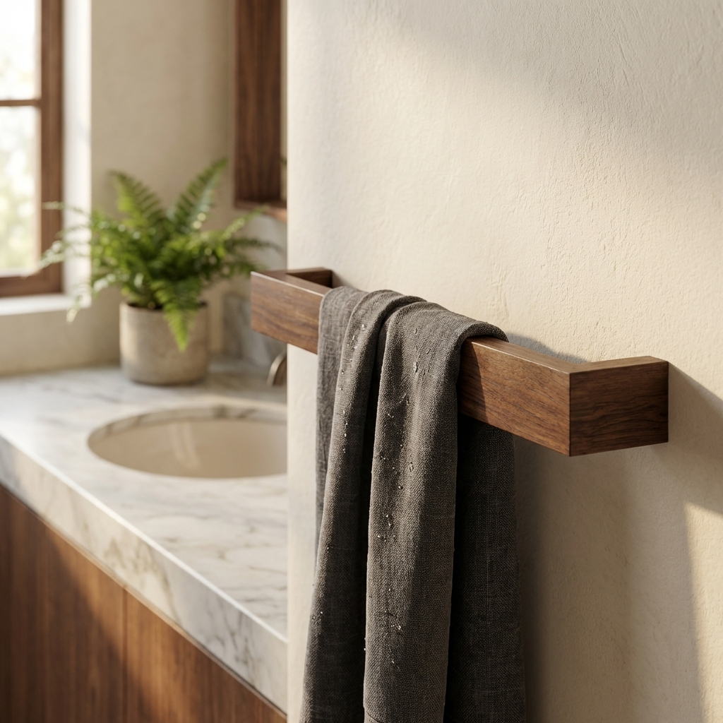 Wall-mounted black walnut towel rack with keyhole fixing fixed to the wall with a grey towel hanging 
