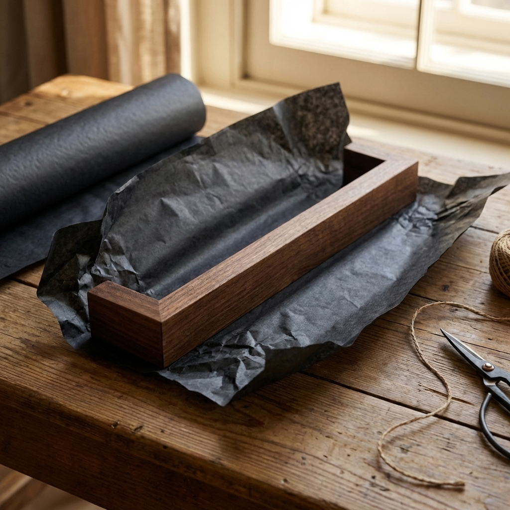 Wooden frame with black paper on a wooden table, scissors nearby packaging