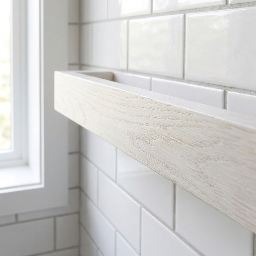 Close-up of a white Towel Rack on the wall with a wooden shelf.