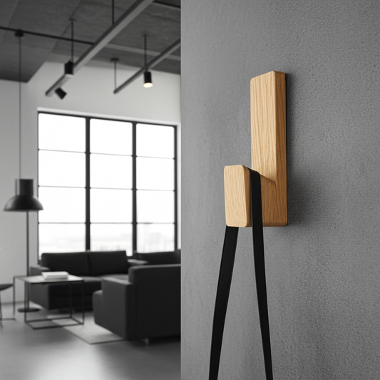 Wooden coat hook against a gray wall with a modern interior setting.