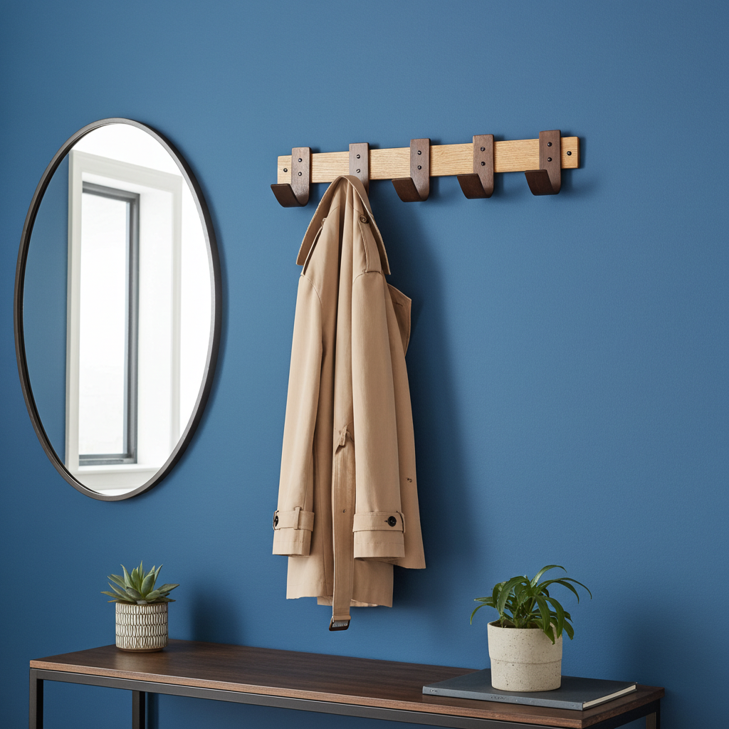 Coat hanging on a hook next to a mirror and small table with plants against a blue wall