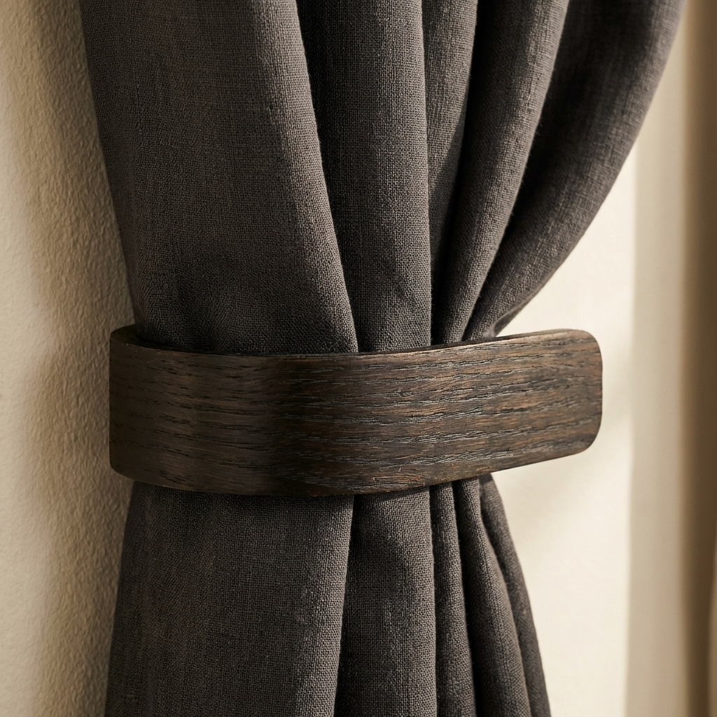 Dark gray curtain with a wooden tieback against a neutral background