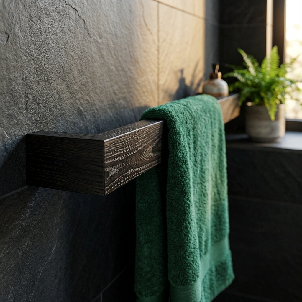Green towel hanging on a wooden towel rack against a stone wall with a plant in the background.