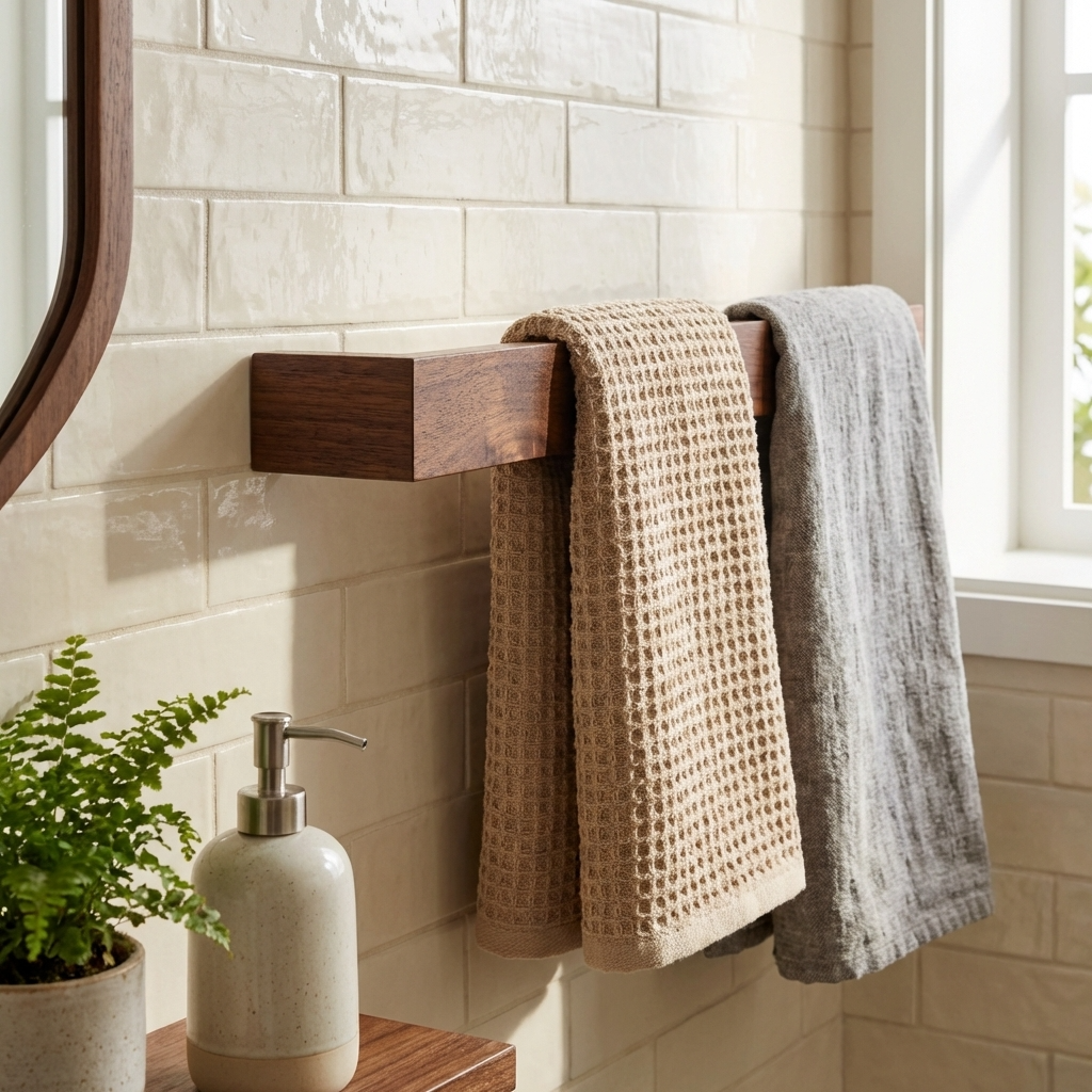 Slimline black walnut wooden towel bar for kitchen use