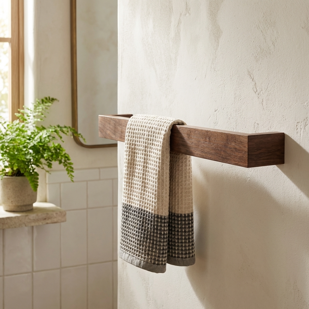 Towel hanging on a wooden walnut towel rack in a bathroom with a plant and mirror.