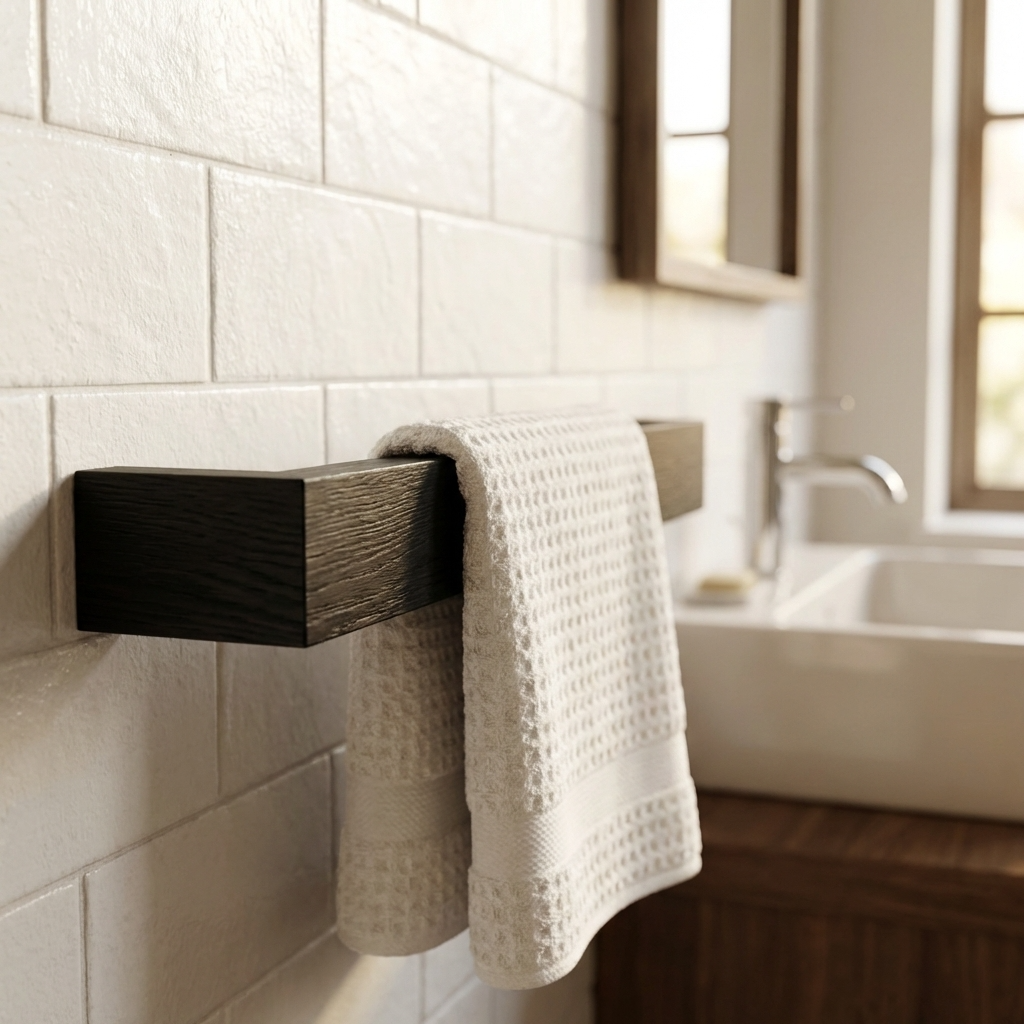Towel hanging on a wooden towel rack in a bathroom with tiled walls and a window.