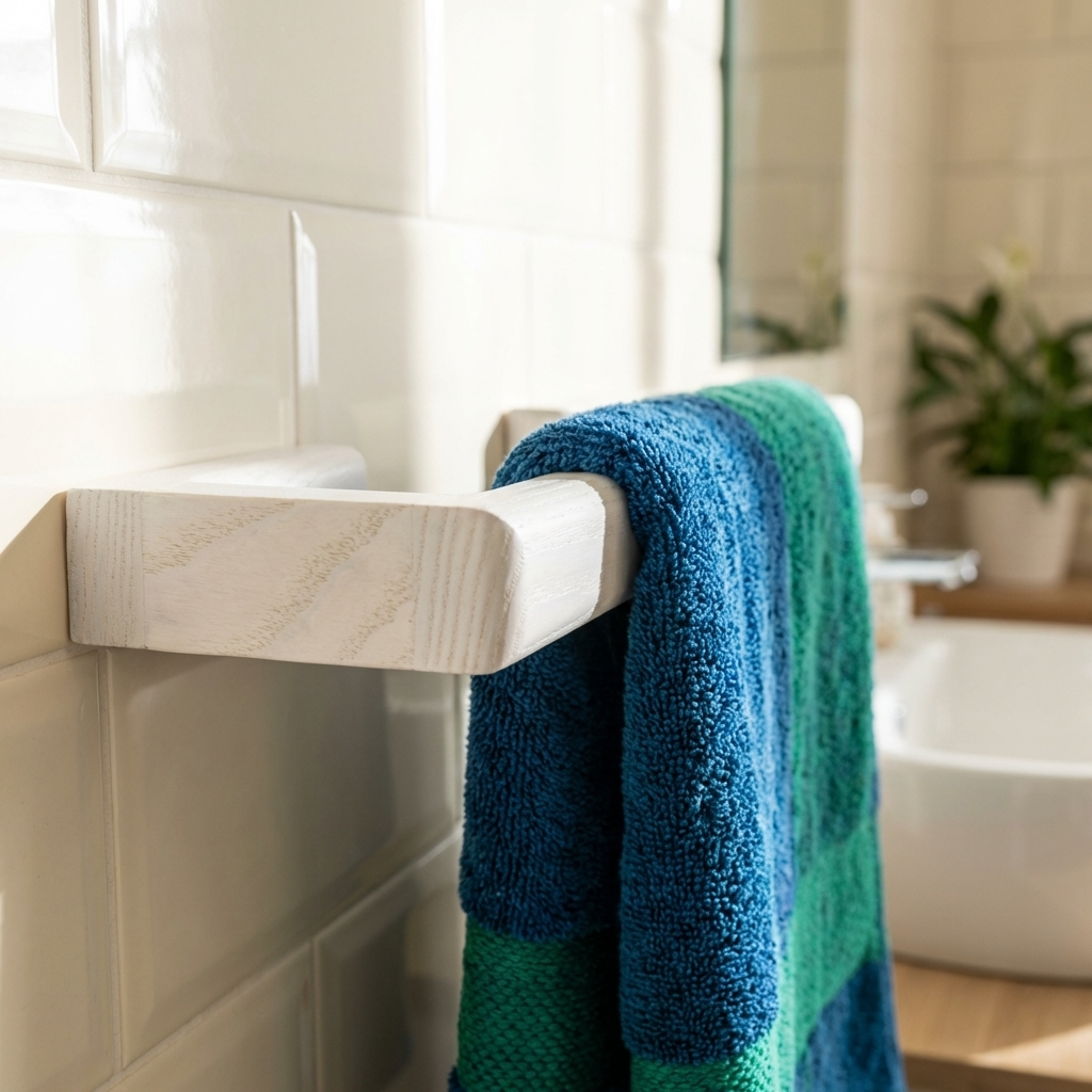 Blue and green towel hanging on a towel rack in a bathroom.