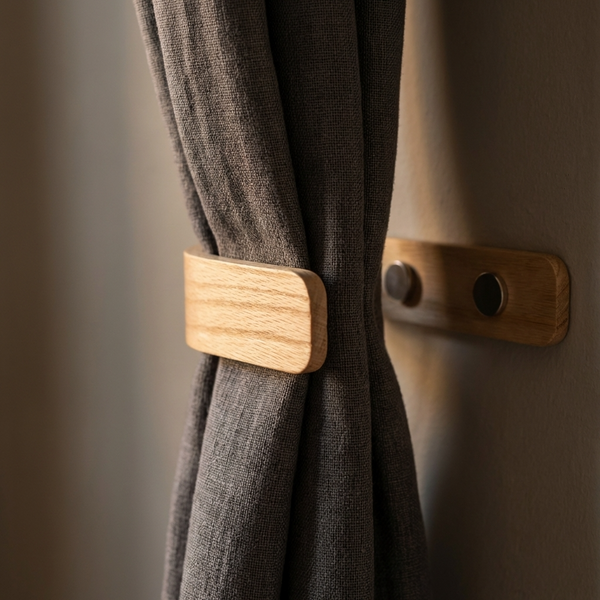Brown curtain with wooden tie-backs against a neutral background