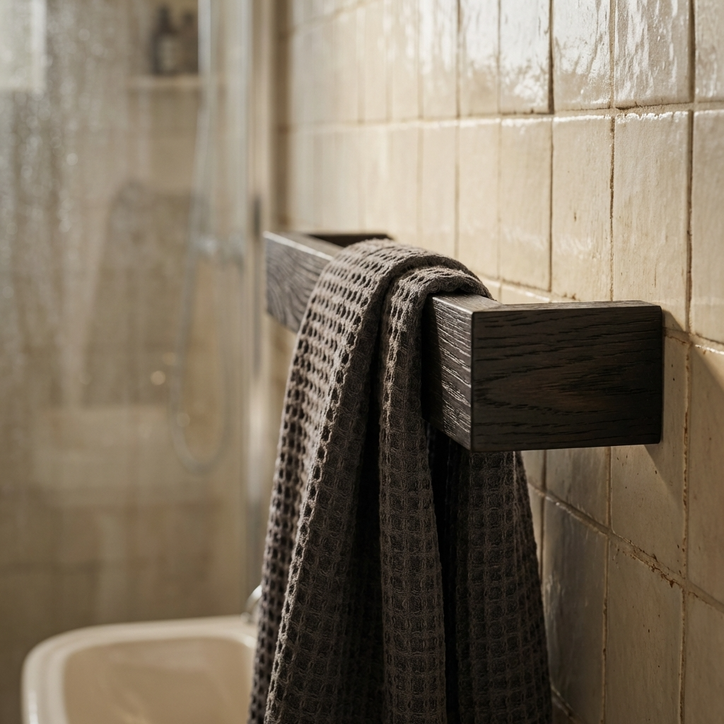 Towel hanging on a wooden towel rack against a tiled bathroom wall.