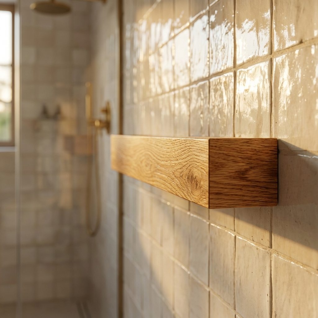 Handcrafted oak towel rail holding hand towels, modern minimalist bathroom accessory