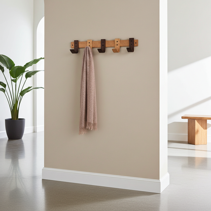 Designer Mixed Oak & Walnut Coat Rack - 5 Hook Wall Mount