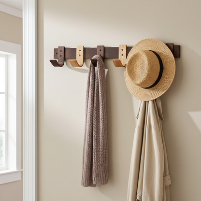 Wooden wall hook with a hat, scarf, and coat hanging on a beige wall.