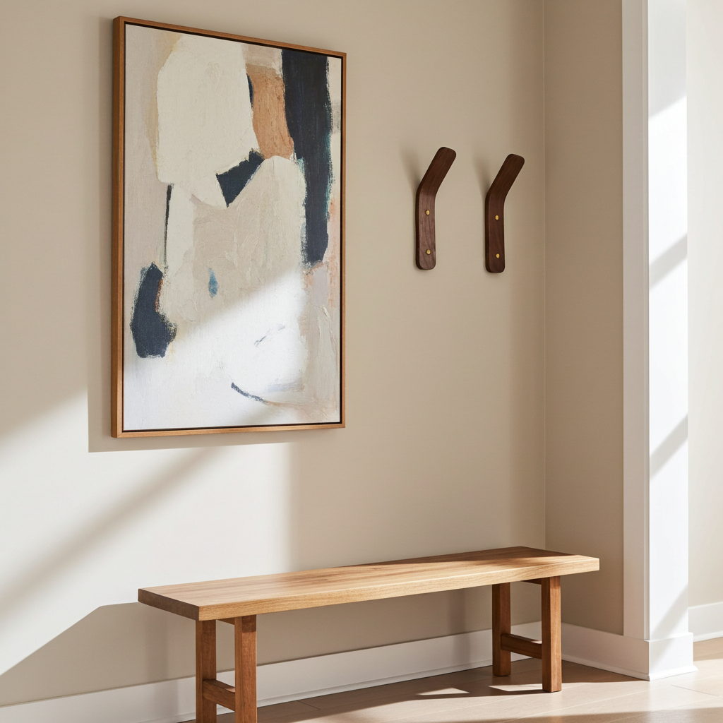Wooden bench in a room with abstract art and wall hooks.