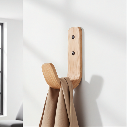 Wooden wall hook with a beige towel on a white wall