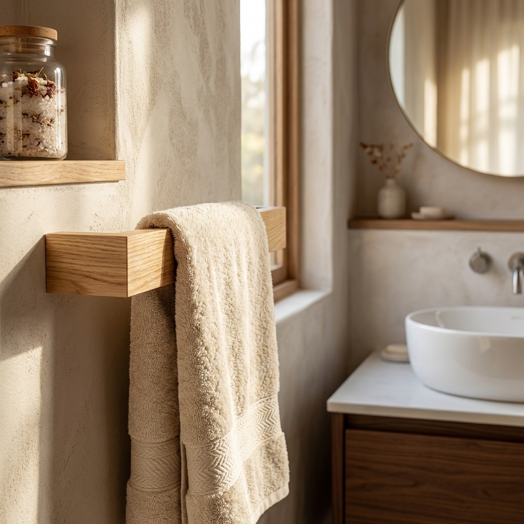 Bathroom with a towel hanging on a wooden rack, sink, and window.