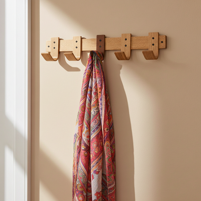 Designer Oak & Walnut Coat Rack with Key Storage - 5 Hooks